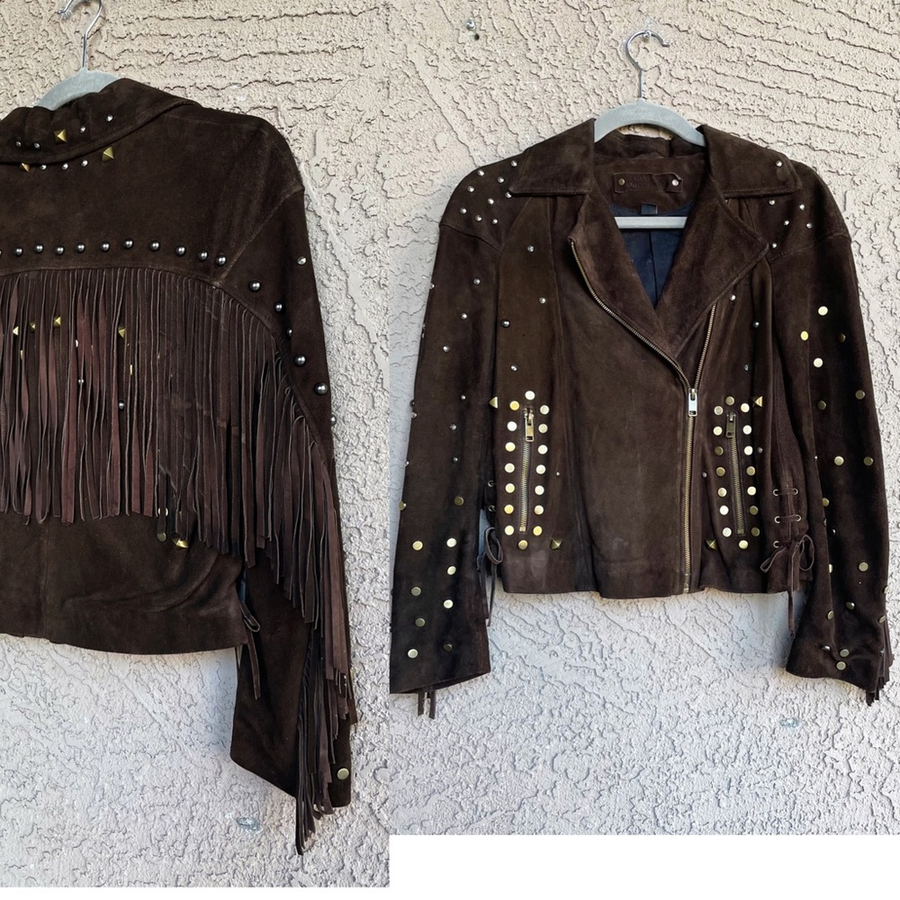 ZARA Brown Genuine Goat Leather Studded Tassel Fringe Suede Leather Moto Jacket